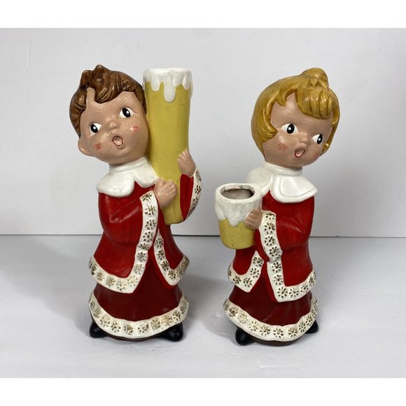 Vintage Ceramic Candle Holders Carolers Choir Girl & Boy Christmas Decor Mcm - Picture 2 of 9